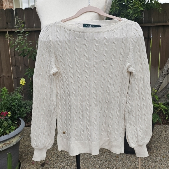 Lauren ralph lauren Puff Sleeve Ribbed Cable Cotton Sweater Pullover SP - Picture 12 of 13